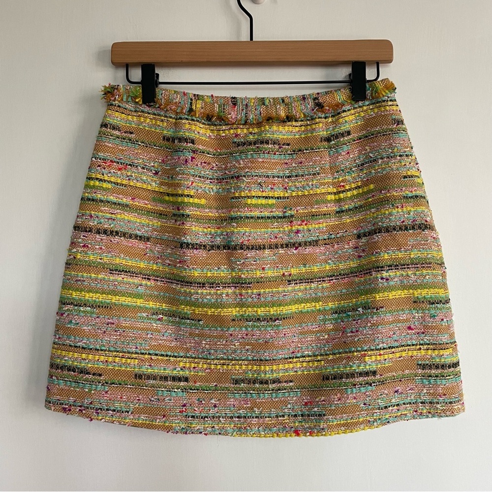 NWT LE SUPERBE Beach Tweed Mini Skirt Fringe Trim Yellow Colorful Office Size 4 - Picture 4 of 11